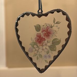 Heart with pink flower window hanger
